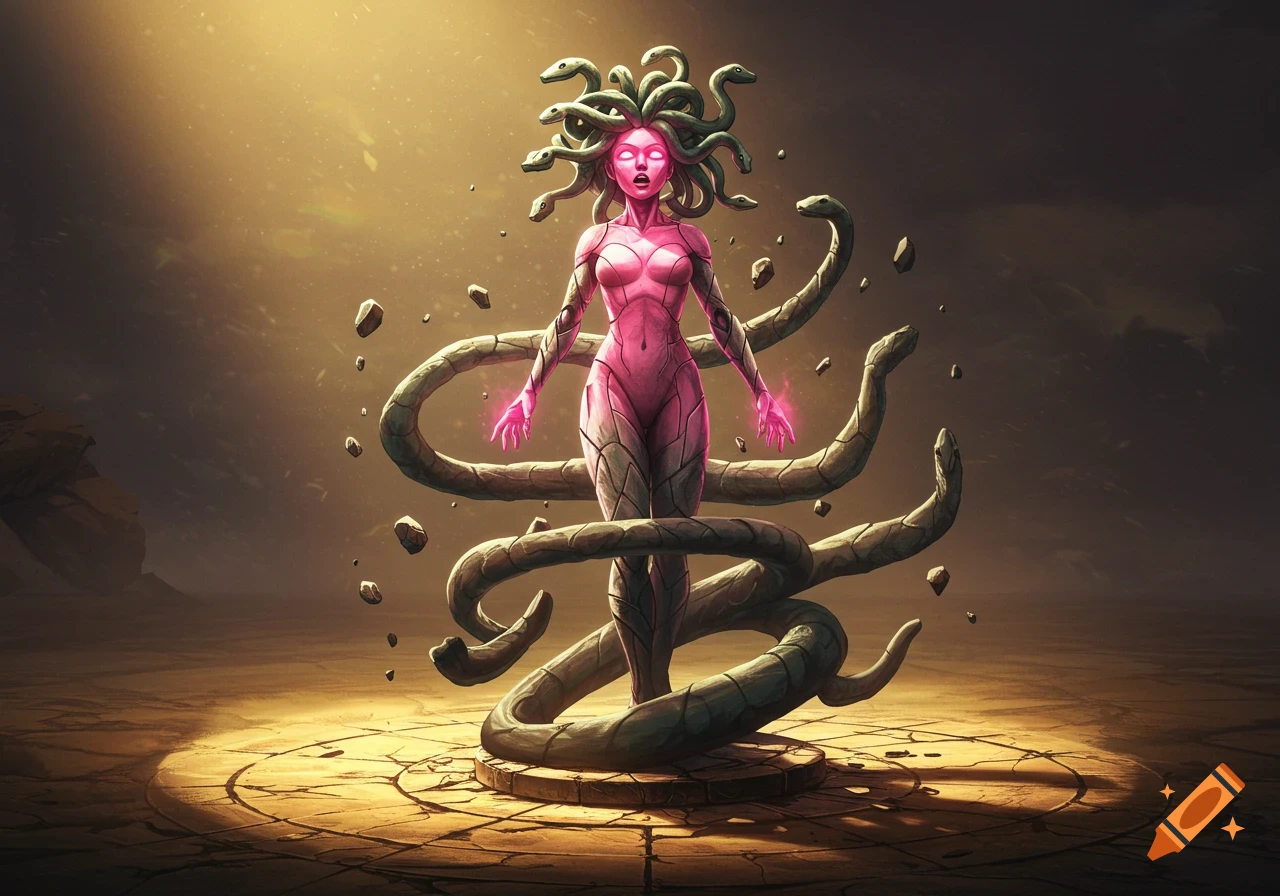 A digital illustration of a Medusa-like figure with glowing eyes and hands, surrounded by large stone snakes and floating rocks in a golden-lit desert setting.