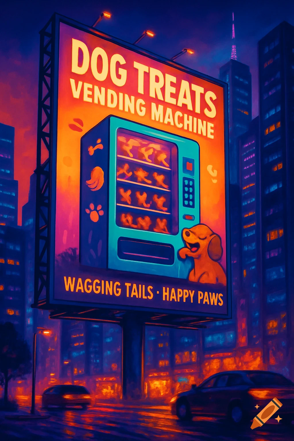 Vibrant, stylized billboard advertising 'DOG TREATS VENDING MACHINE' with a cartoon dog, set in a glowing night city.