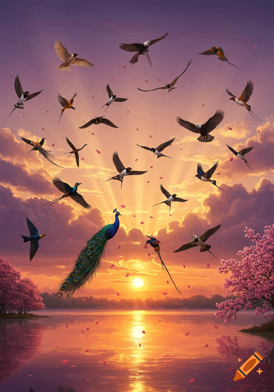 A vibrant sunset over a lake, with a peacock and many diverse birds flying amidst falling cherry blossoms.