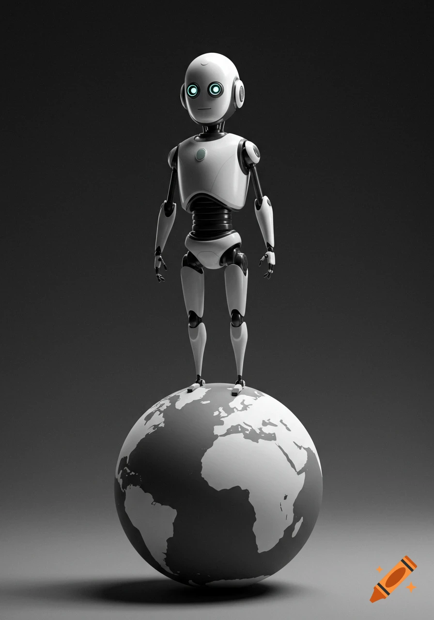 A minimalist white robot with glowing blue eyes stands atop a grayscale Earth globe.