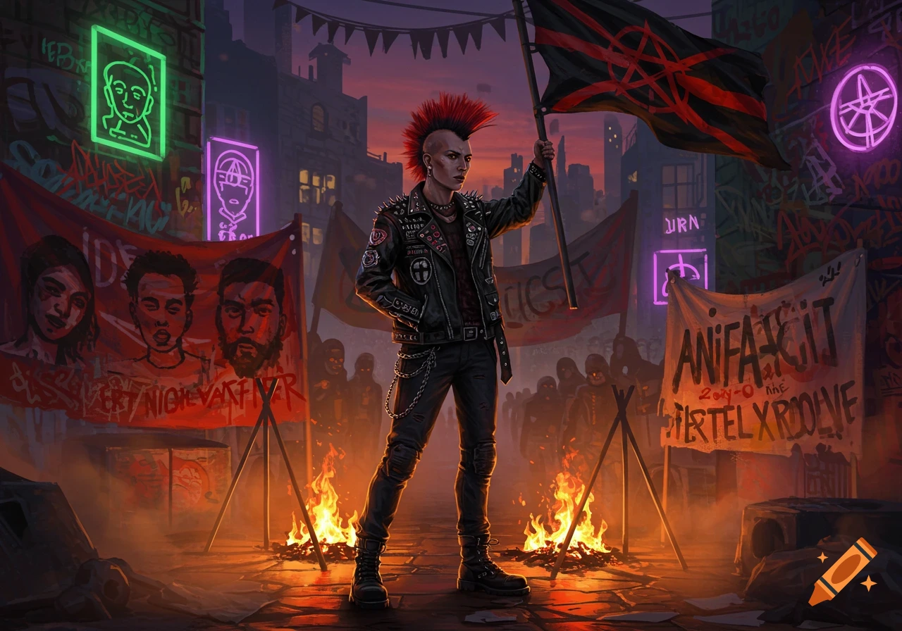 A punk with a red mohawk holds an anarchist flag in a neon-lit, graffiti-covered city street with protest banners and burning fires.