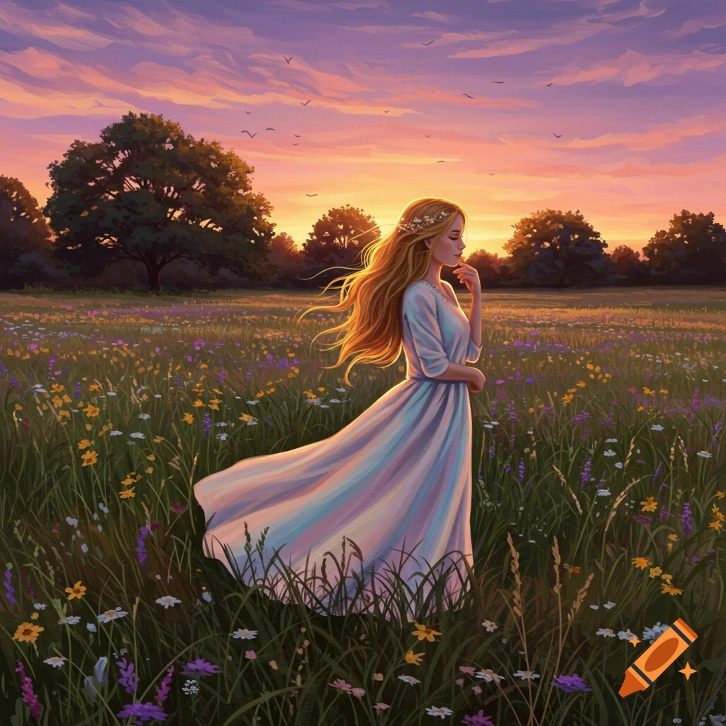 A long-haired woman in a flowing white dress stands in a wildflower field at sunset, looking pensive.