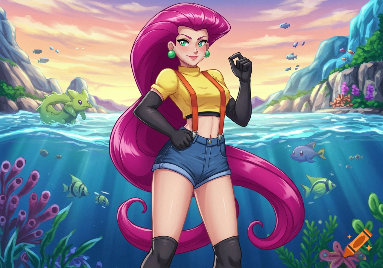 Anime illustration of Jessie from Team Rocket in a yellow crop top, denim shorts, and suspenders, standing in clear ocean water with fish and coral around her, and islands in the background at sunset.