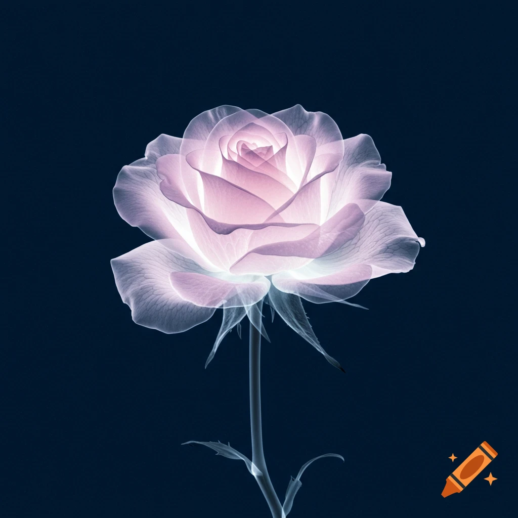 A glowing, translucent X-ray style rose with a pink center and white petals on a dark background.