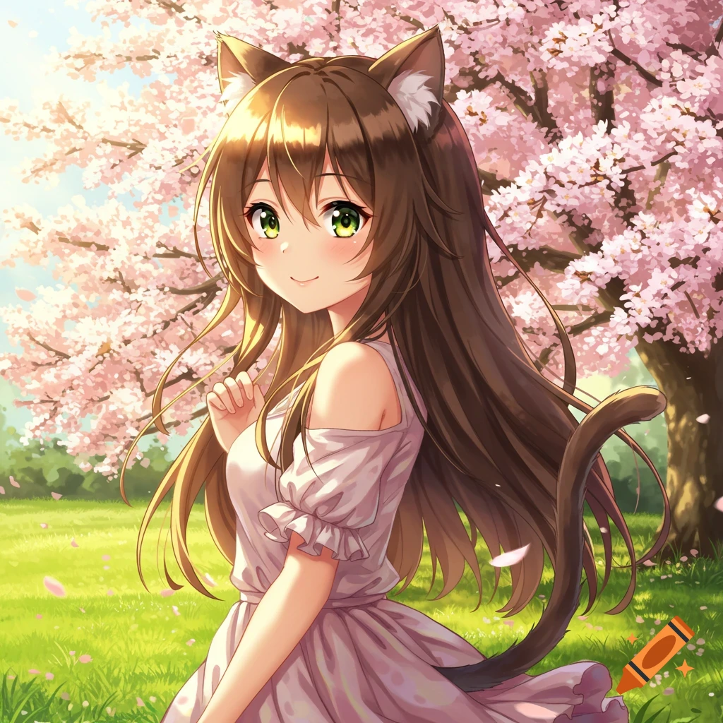 An anime cat girl with brown hair and hazel eyes smiles in a white dress, standing in a field with pink cherry blossoms.
