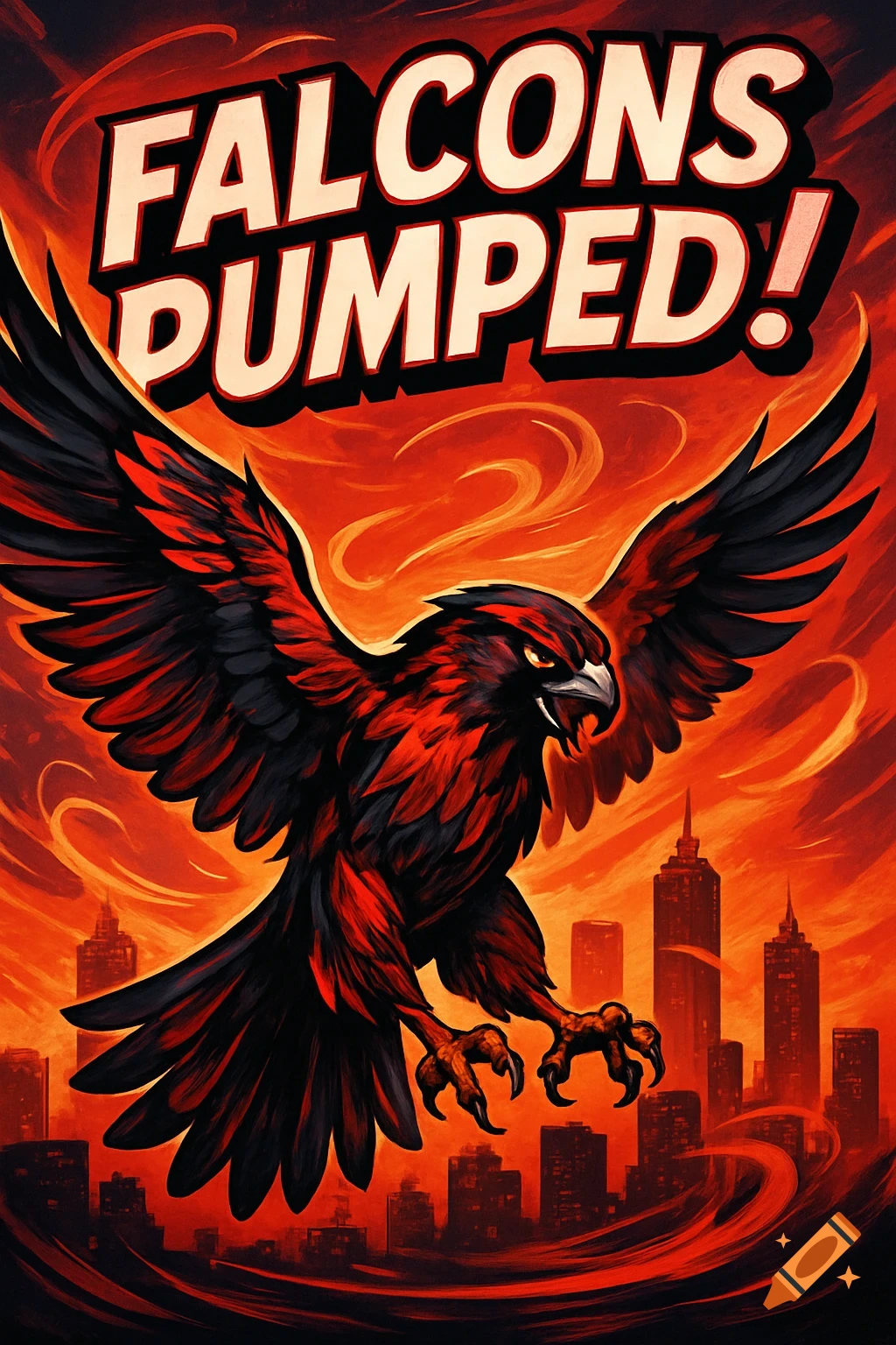Stylized red and black falcon with outstretched wings over a cityscape, 'FALCONS PUMPED!' text. Graphic novel style.