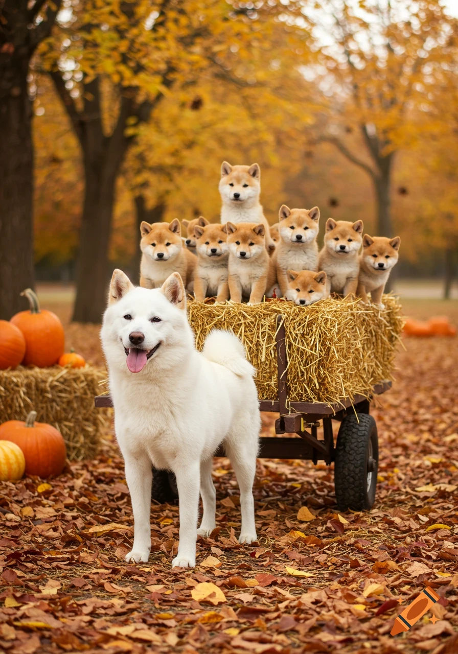 A white dog stands in an autumn landscape with colorful leaves, in front of a hay cart filled with shiba puppies and pumpkins.