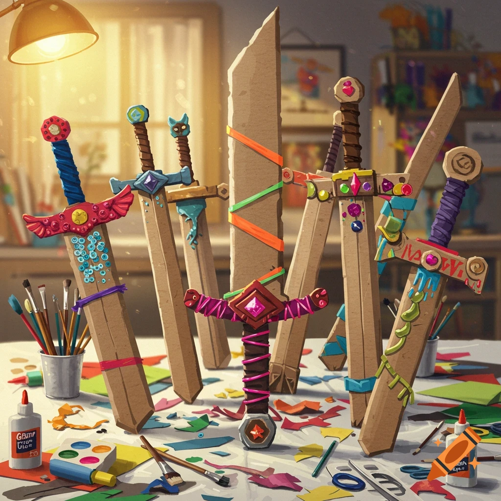 Cardboard swords decorated with colorful craft supplies like glitter, paint, and tape, on a table with glue bottles and art tools in a bright craft room.