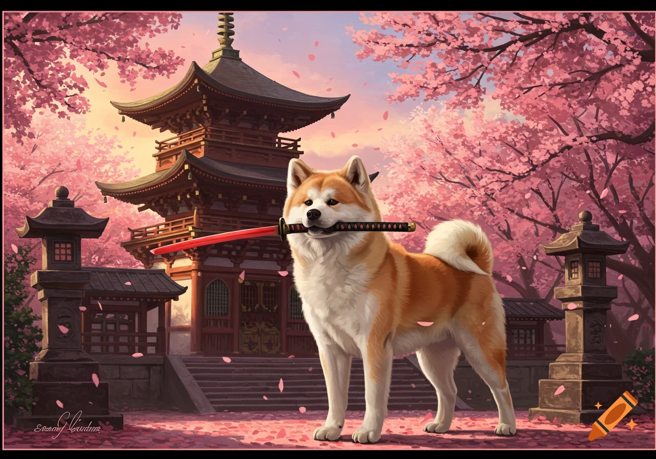 An Akita Inu dog holds a red katana, standing in front of a Japanese temple with pink cherry blossom trees, digital art style.
