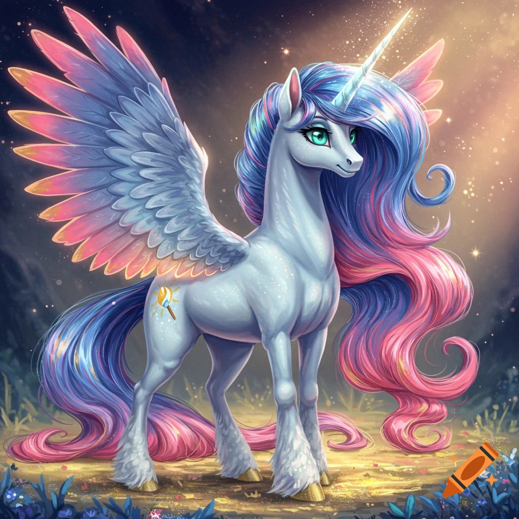 Majestic silvery-blue winged unicorn with flowing blue, pink, and gold mane, teal eyes, and a golden paintbrush cutie mark, in a sparkling magical landscape.