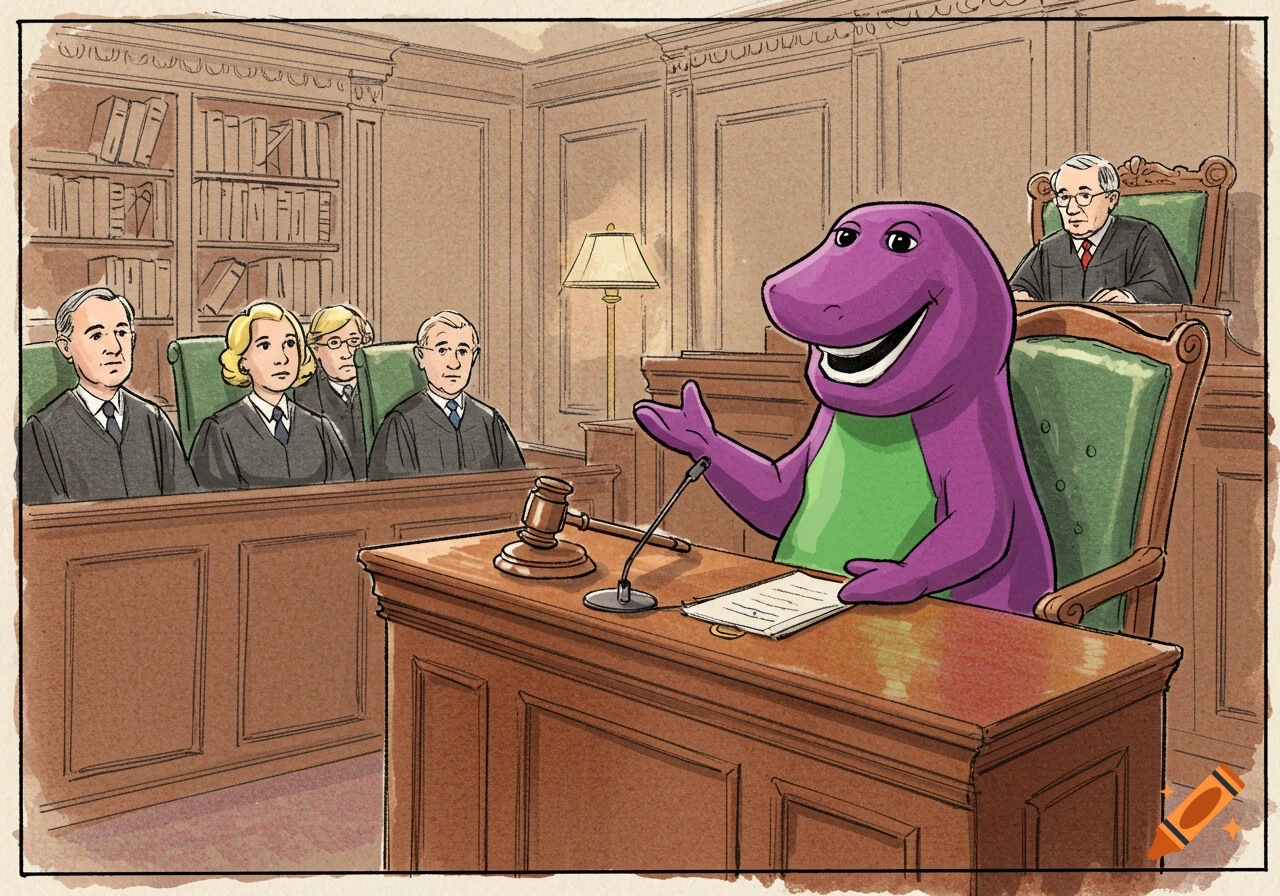 Barney the dinosaur sits at a witness stand in a courtroom sketch, with judges and a gavel on the desk.