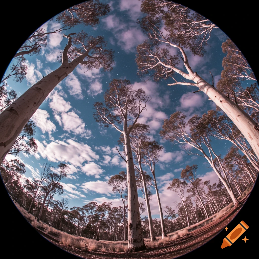 A fisheye lens view of tall, pale eucalyptus trees reaching towards a dark blue, starry sky with puffy white and pinkish clouds. Dry grass and a dirt path are visible in the foreground.