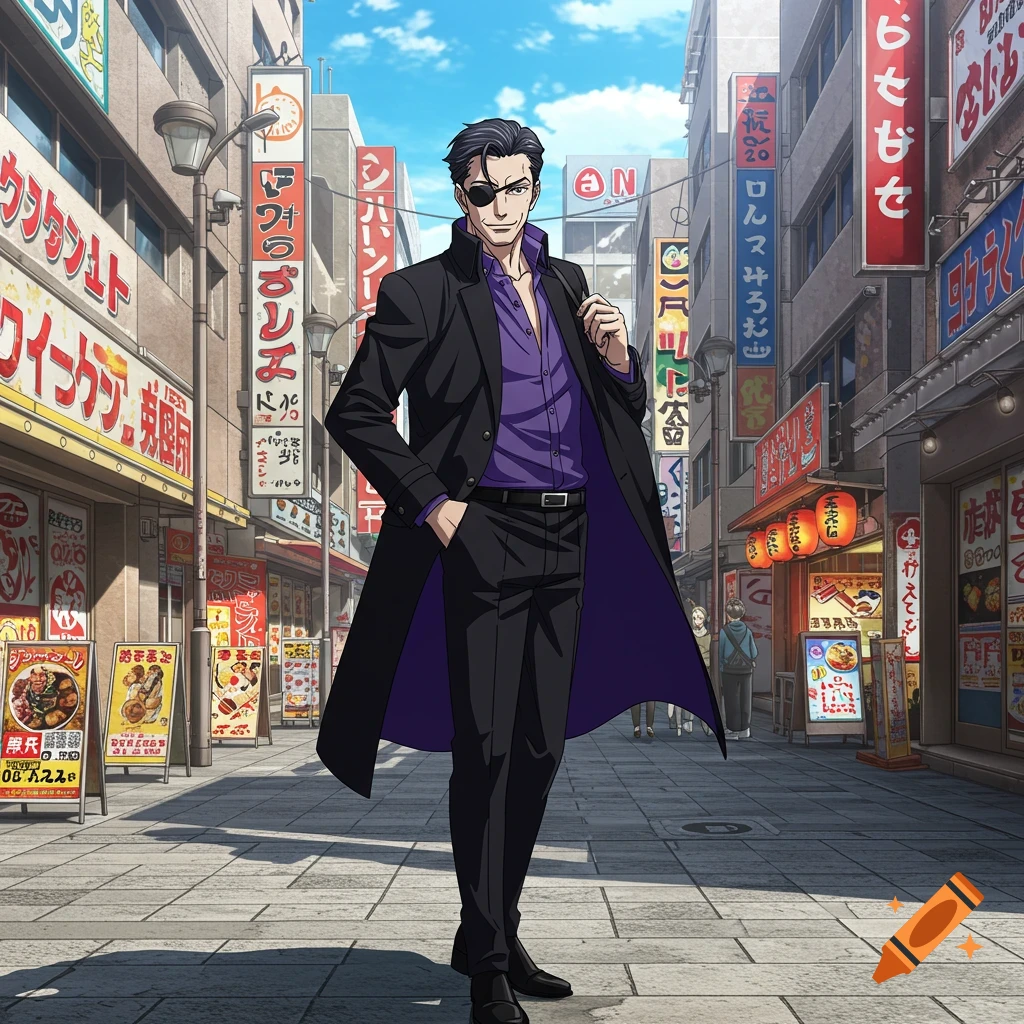 Anime illustration of a dark-haired man with an eyepatch in a black jacket and purple shirt, standing on a bustling Tokyo street.