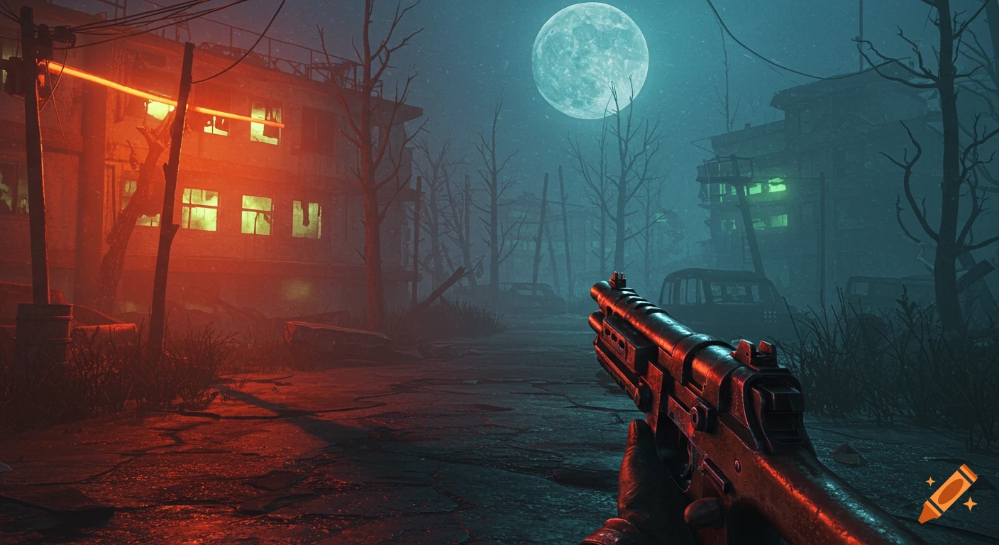 First-person view of a shotgun held in a hand, looking down a foggy street with derelict buildings and a full moon in a horror video game style.