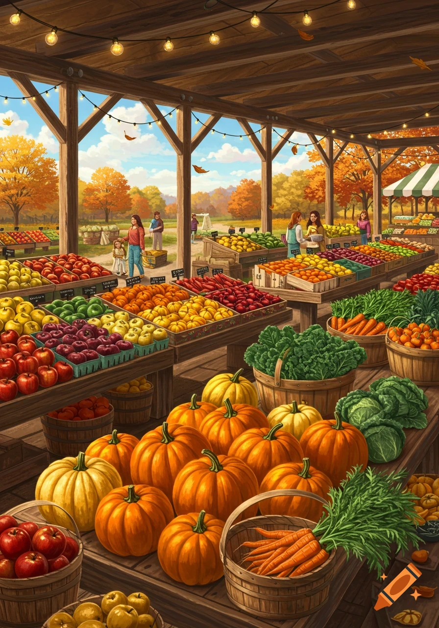 Vibrant illustration of a fall farmers market under a wooden pavilion, displaying bountiful pumpkins, apples, and fresh produce, with people and autumn trees.