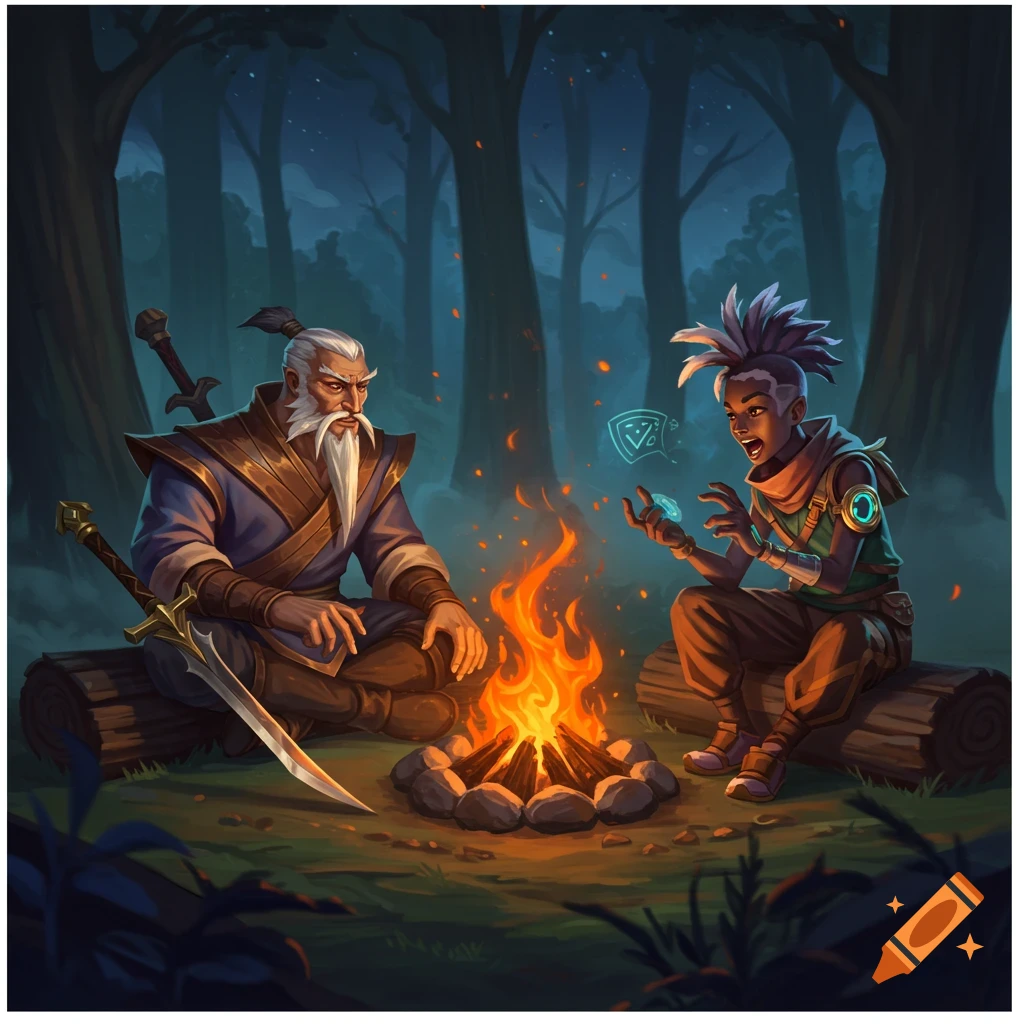 Two stylized fantasy characters, an older man with a white beard and a younger man with spiky hair, sit by a campfire in a dark forest at night.