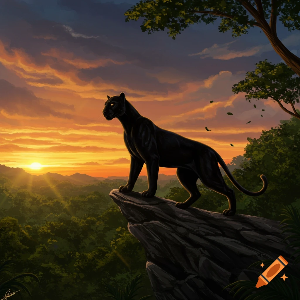 A majestic black panther stands on a rocky cliff overlooking a lush jungle at sunset, with a vibrant orange and purple sky.