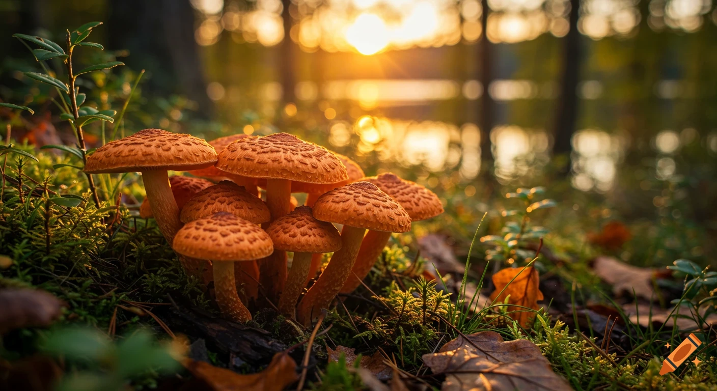 Photorealistic cluster of orange mushrooms on a mossy forest floor, lit by golden sunset with a blurred woodland backdrop.
