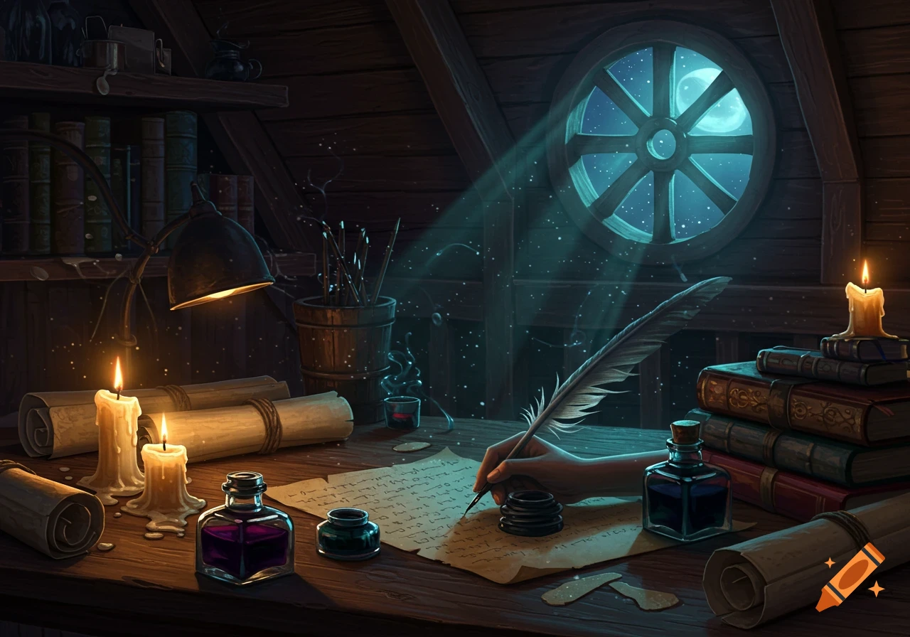 A hand writes with a quill on a paper in a magical, candlelit attic study with books, scrolls, and a moonlit window.