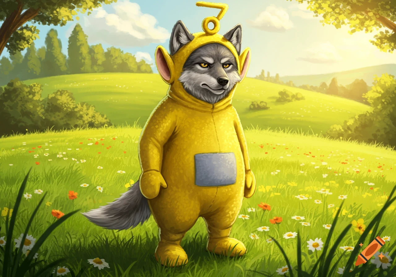 An annoyed gray wolf in a yellow Teletubby costume stands in a sunny, green meadow with flowers.