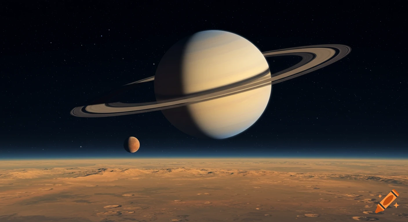 A view from a reddish-brown planetary surface looking up at a large ringed planet and a moon in a dark, star-filled sky.