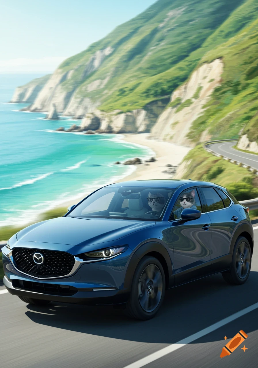 A cool cat in sunglasses drives a dark blue Mazda CX-30 on a scenic coastal road next to green cliffs and a turquoise ocean.