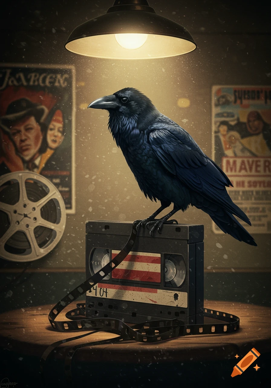 A black raven stands on a vintage VHS tape with film unraveling, under a bright lamp in a dimly lit room with old movie posters and a film reel in the background.