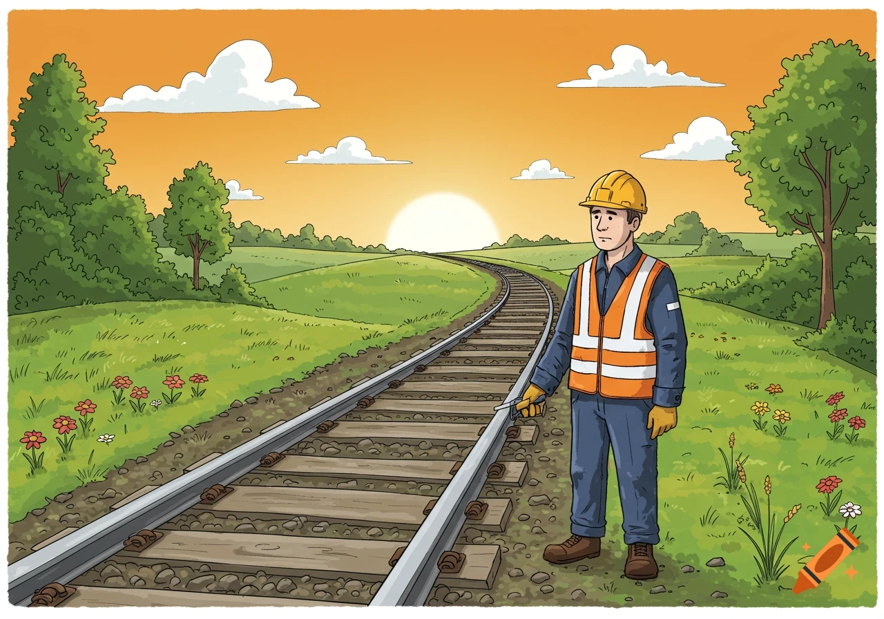 A cartoon rail worker in an orange hi-viz vest and yellow hard hat stands next to a curved railway line in a green landscape at sunset.