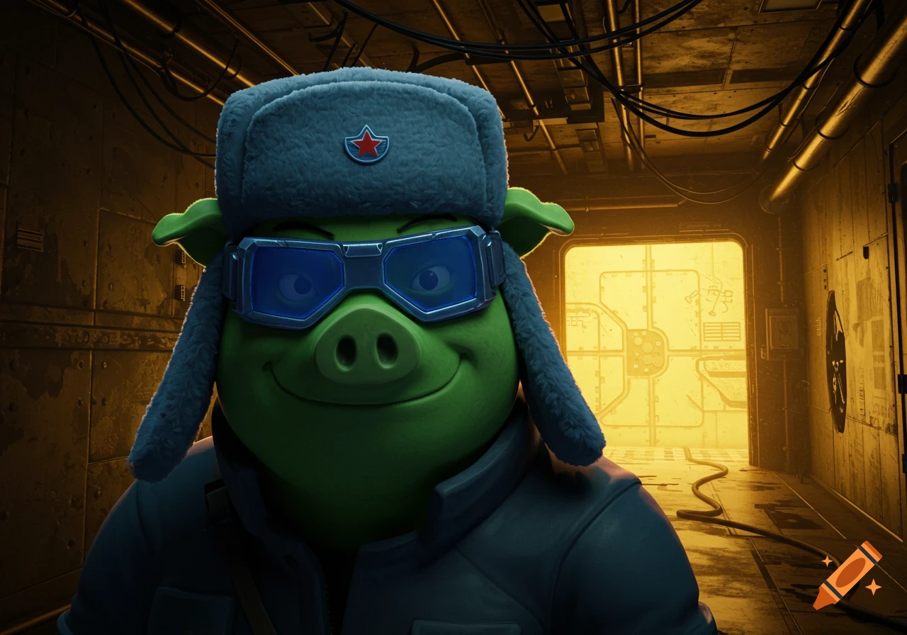 A mischievous green pig cartoon character wears a gray ushanka with a red star and blue tactical goggles in a dark sci-fi hallway.