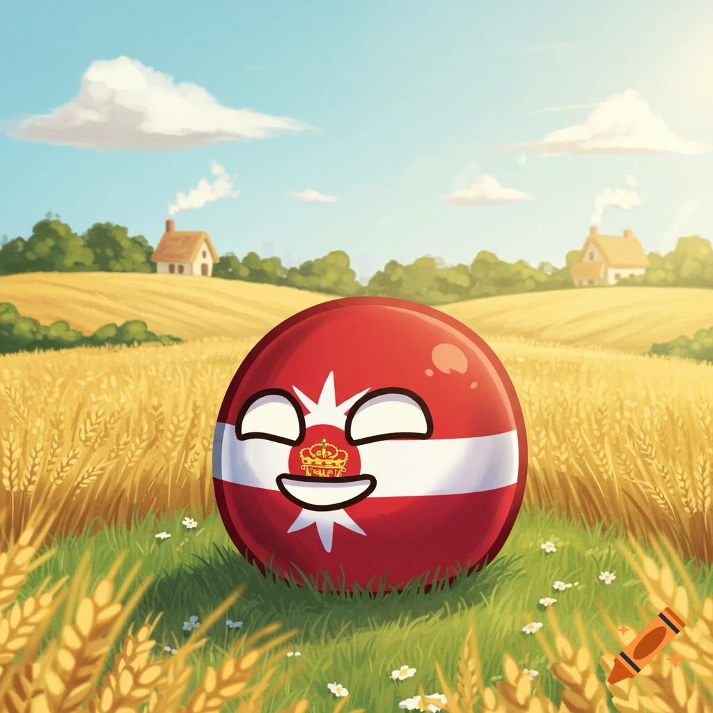 A happy red and white countryball with a crown emblem sits in a golden wheat field under a blue sky.
