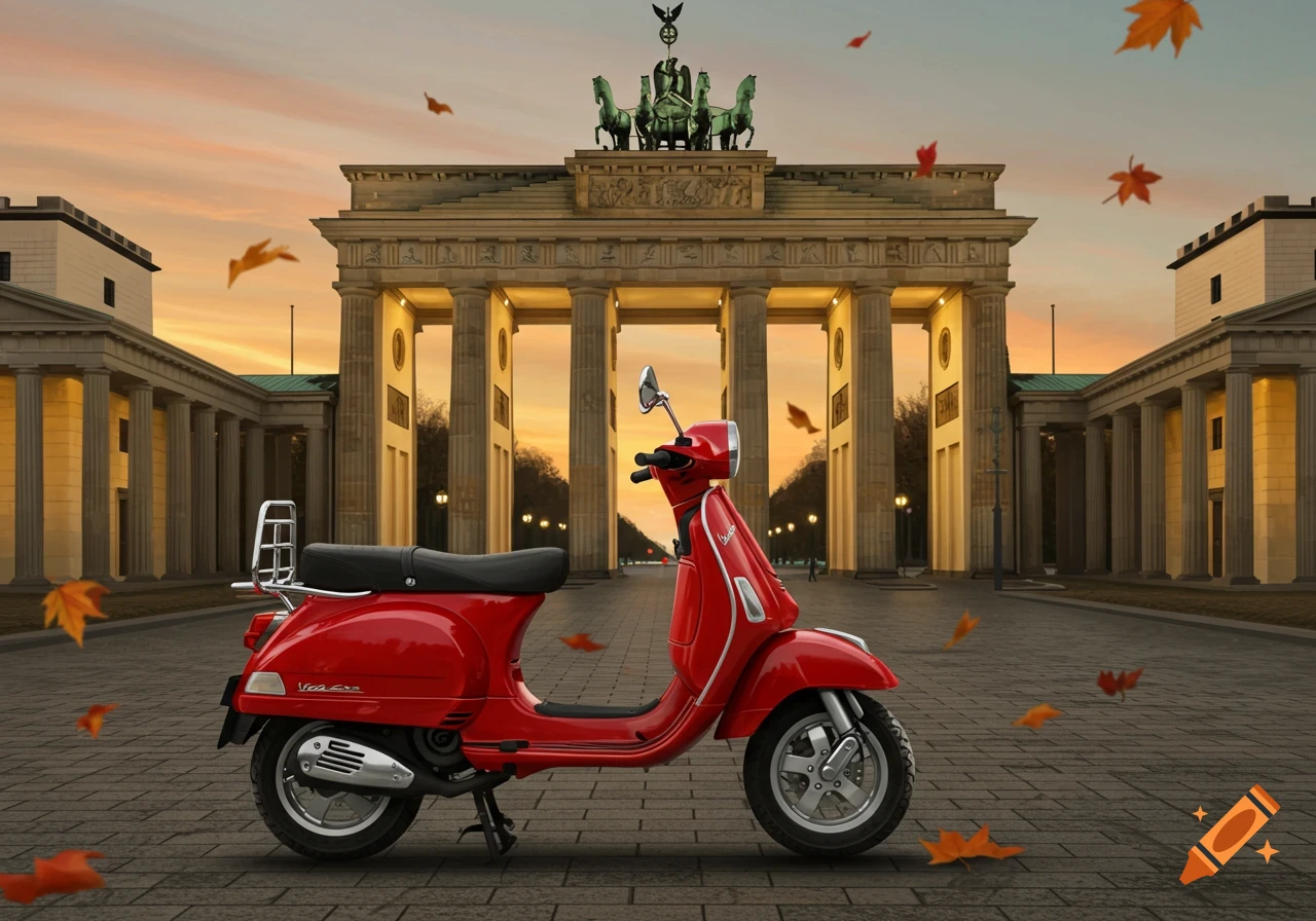 A vibrant red Vespa scooter is parked on a cobblestone street in front of the Brandenburg Gate at sunset, with autumn leaves falling around it.