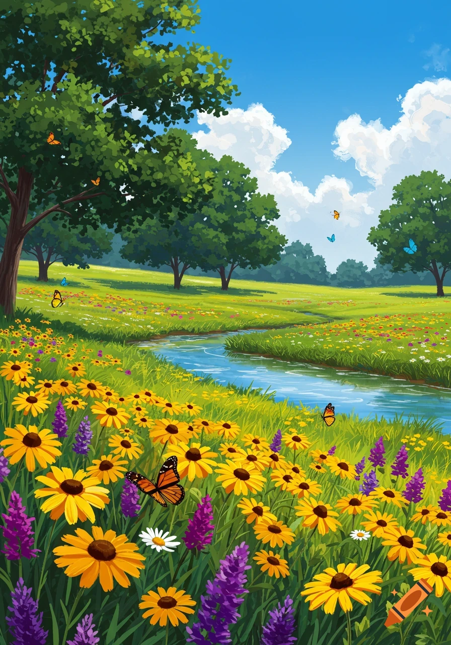 A vibrant illustration of a sunlit spring meadow with a winding stream, yellow and purple wildflowers, lush green trees, and butterflies.