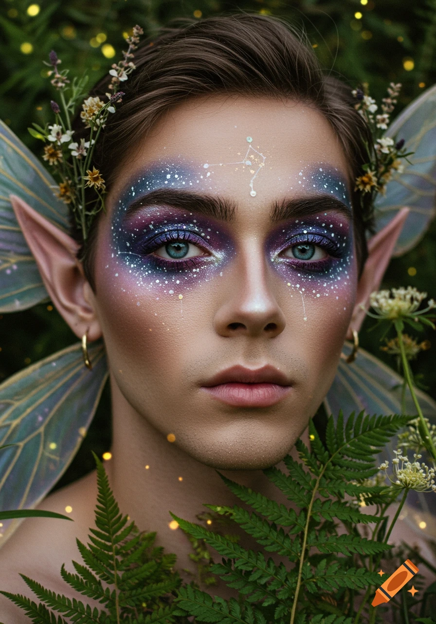 A close-up portrait of a person with elaborate blue, purple, and white starry fairy makeup, pointed ears, delicate wings, and blue eyes, surrounded by foliage and sparkling lights.