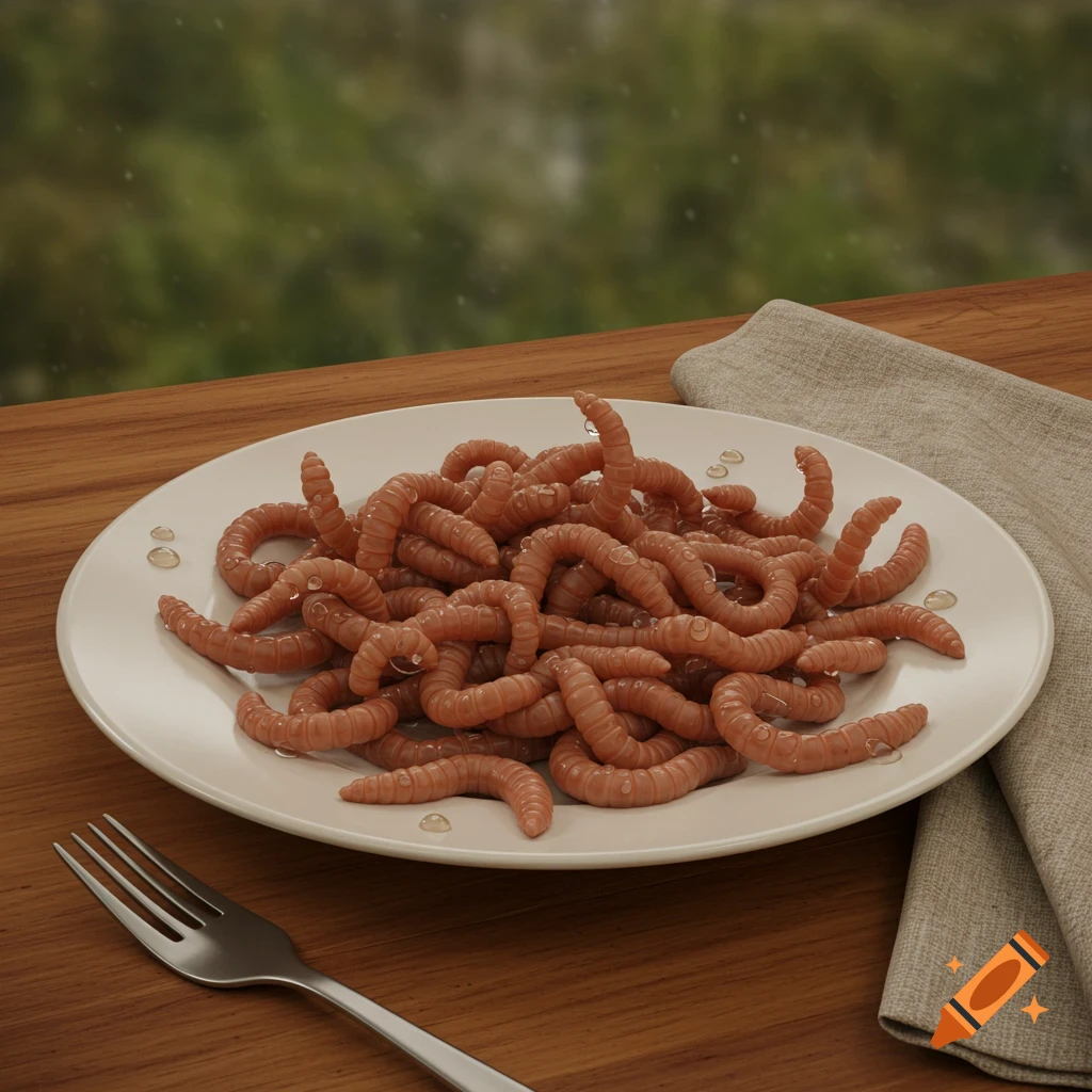 A white plate filled with realistic brown worms and water droplets sits on a wooden table with a fork, napkin, and blurred green background.