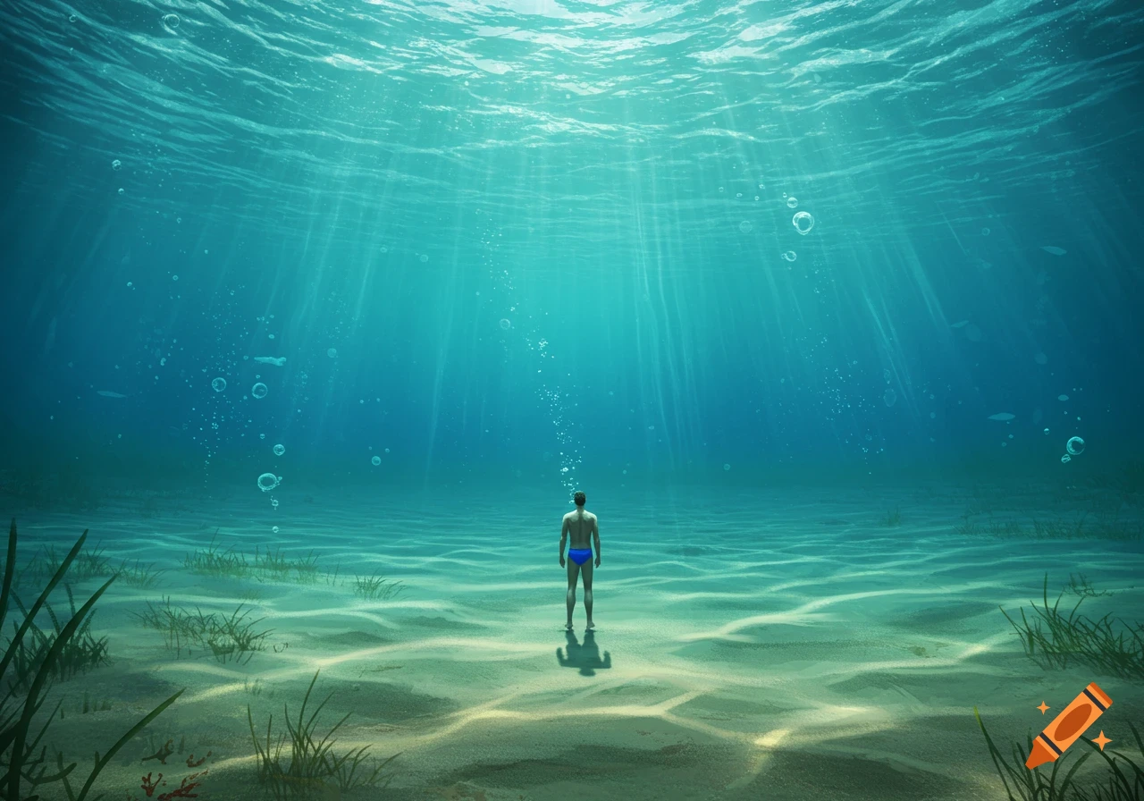 A man in a blue speedo stands alone on the sandy ocean floor, looking up at light rays filtering through the clear turquoise water.