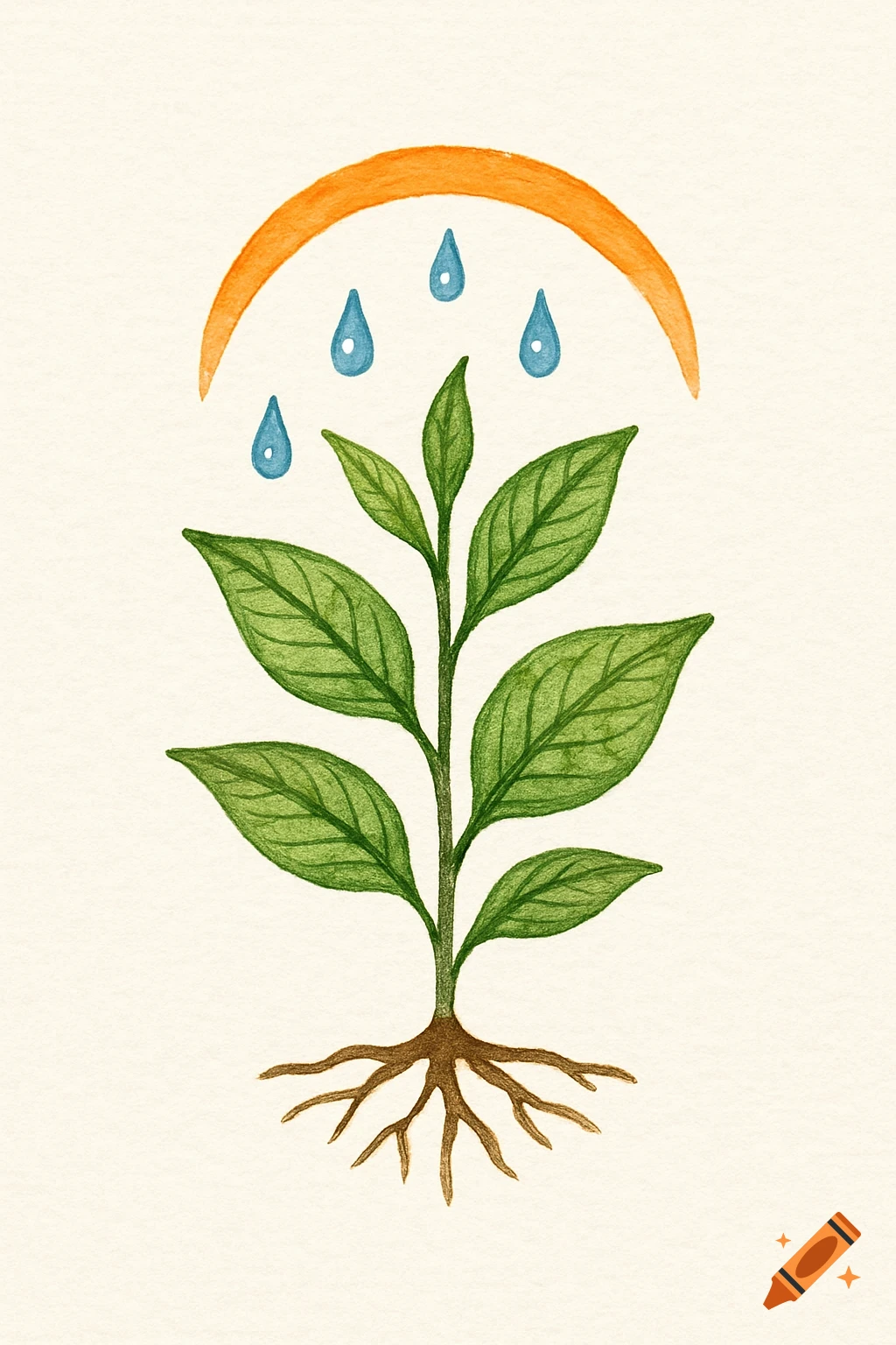 Minimalist watercolor illustration of a green tea plant with brown roots, blue raindrops, and an orange sun arc.