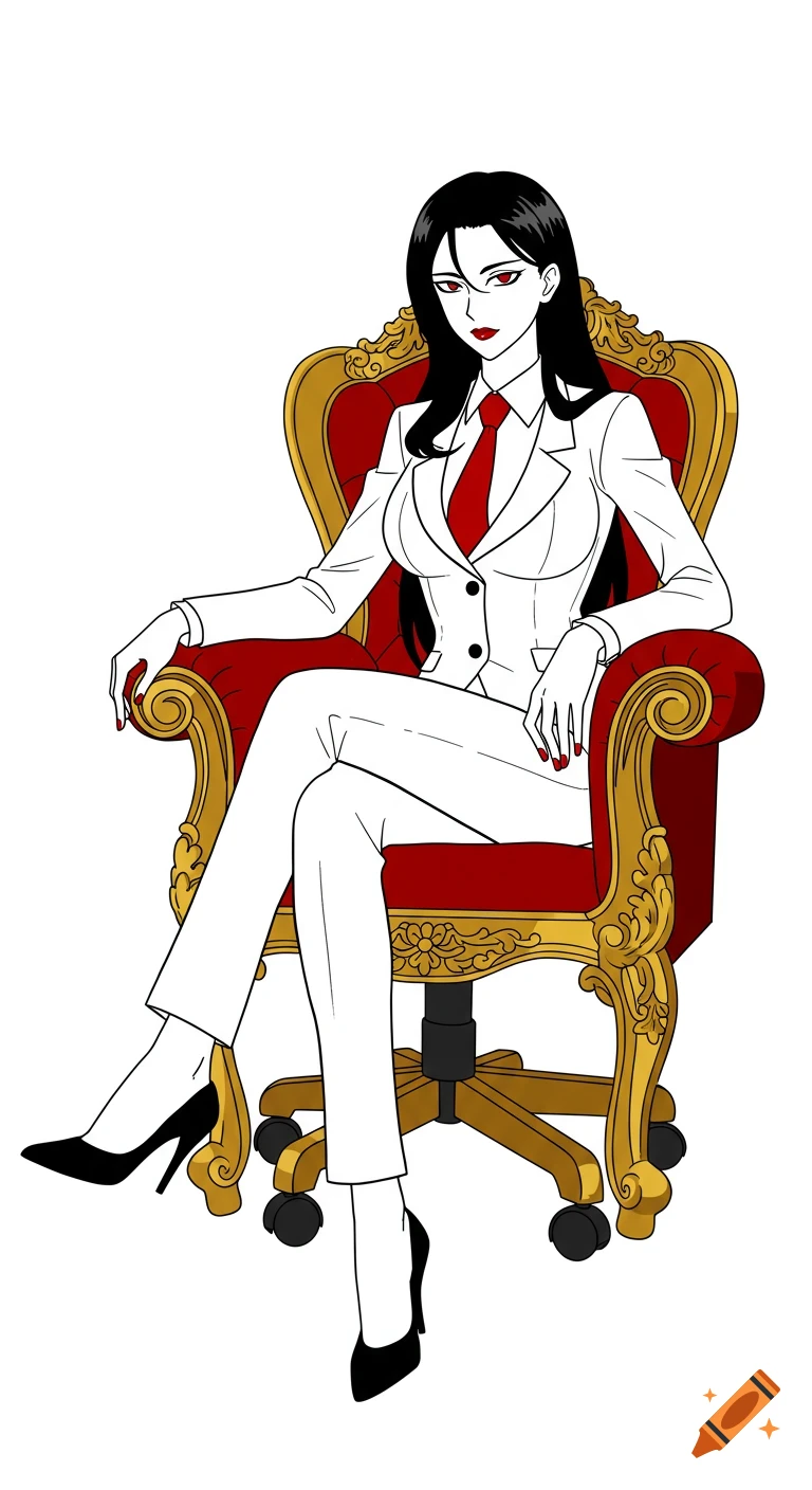 Anime businesswoman in a white suit, red tie, and black heels sits elegantly in a red and gold office chair on a white background.