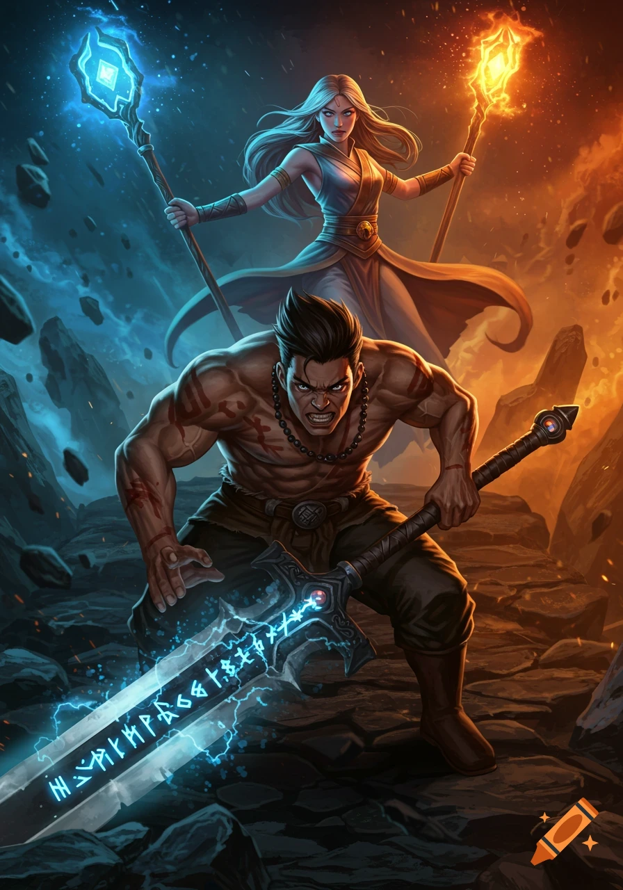 A muscular man with a glowing sword and a woman with a magic staff stand dynamically against a blue and orange magical background, digital art.