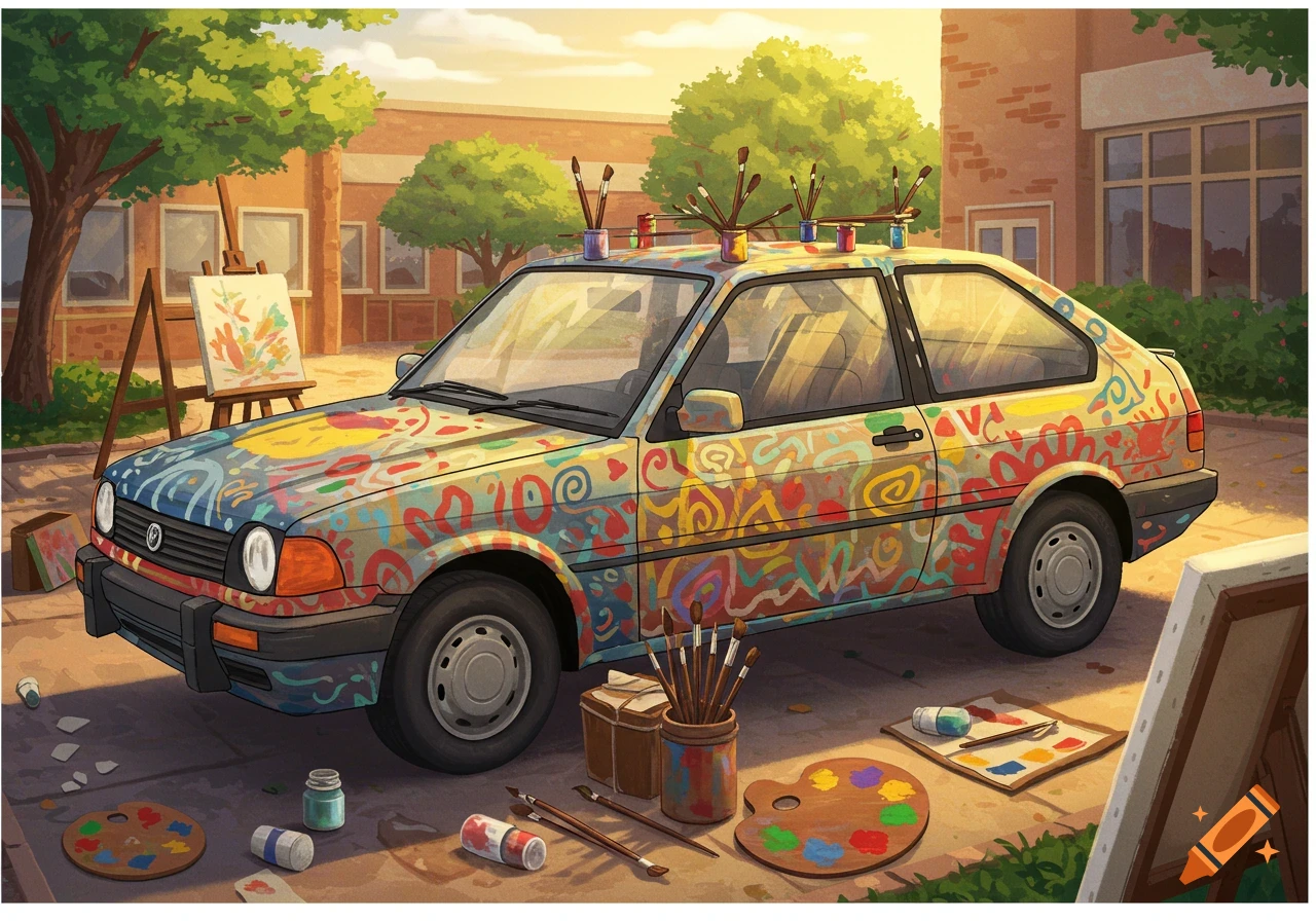 A colorful car covered in abstract paint designs, surrounded by art supplies and easels, parked outside a building.
