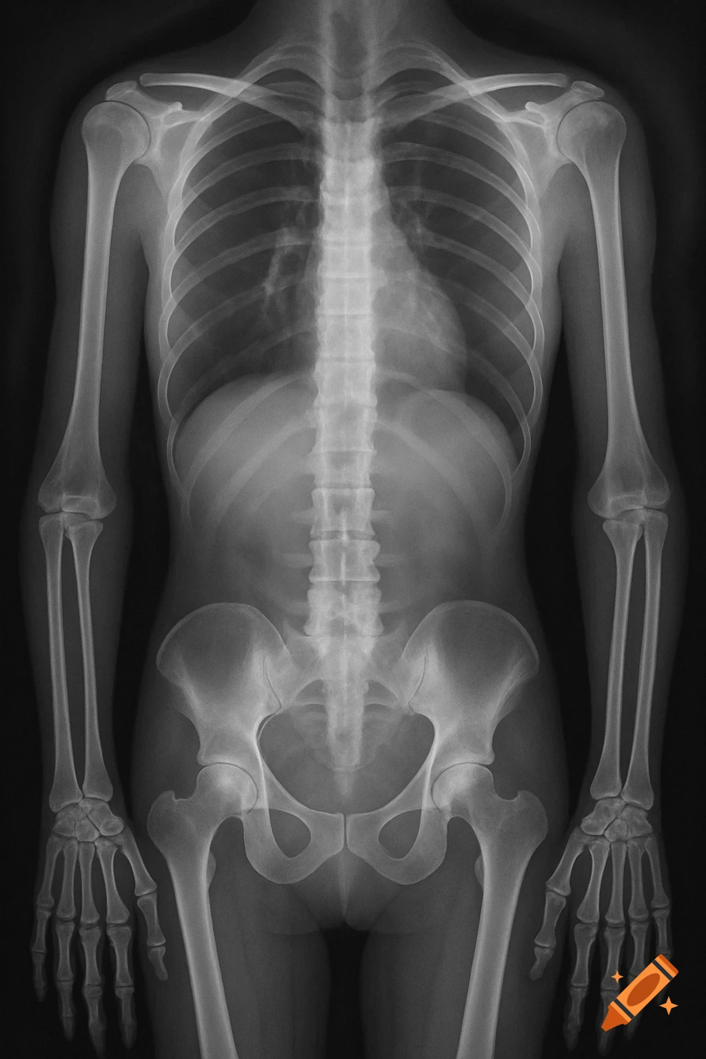 A full-body black and white X-ray of a human skeleton from the back, showing the spine, ribs, pelvis, and arm bones.