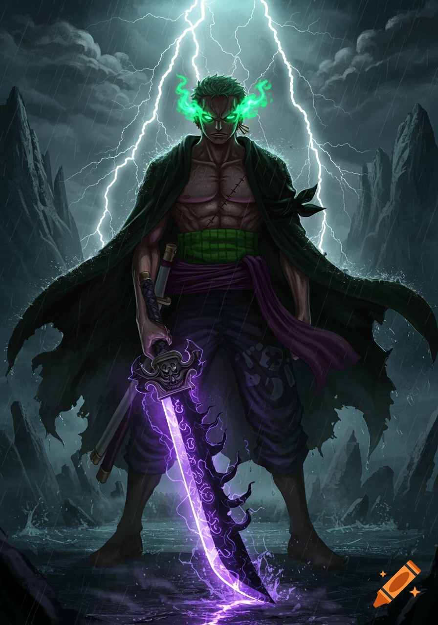 Roronoa Zoro with glowing green eyes and a glowing purple cursed sword stands in a stormy, lightning-filled landscape.
