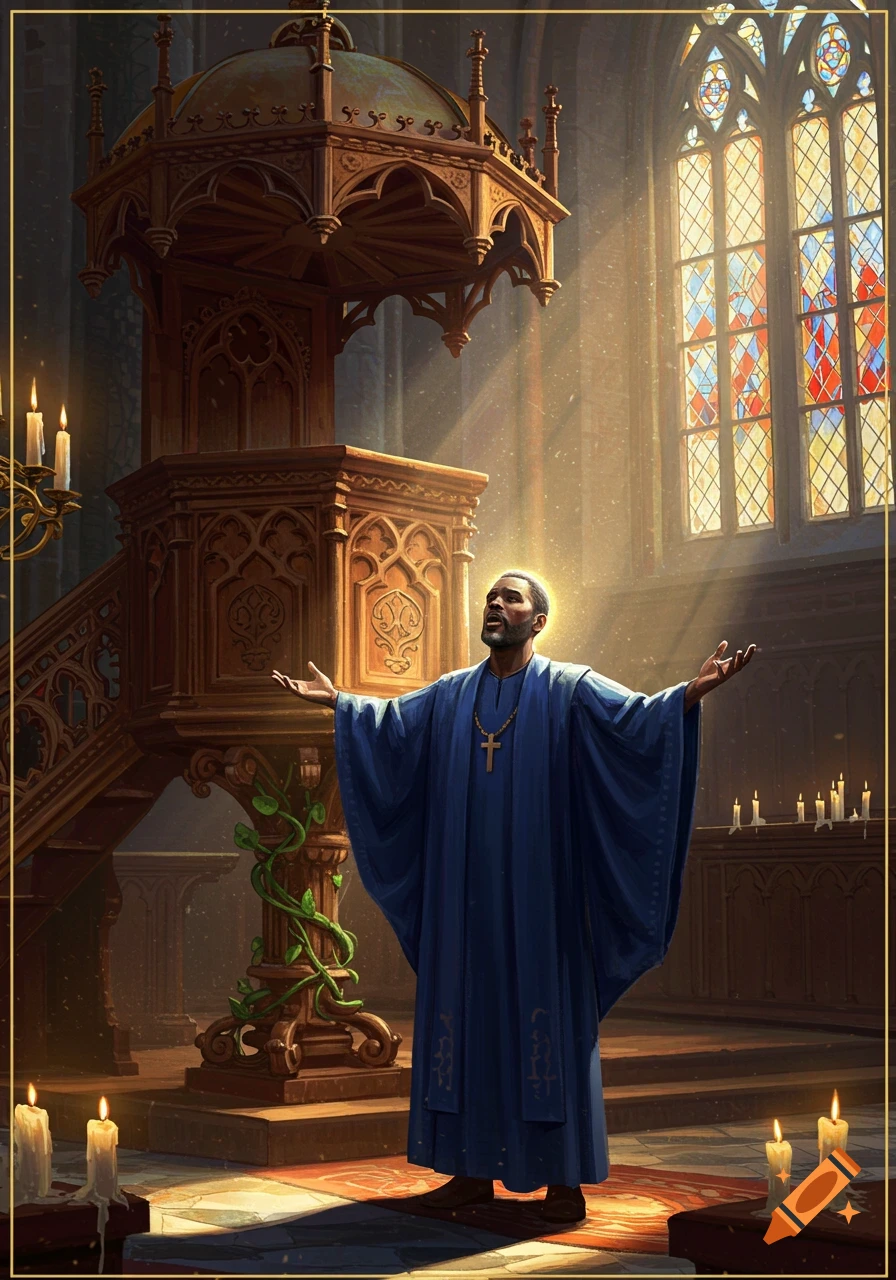 A man in a blue robe with a cross necklace stands with outstretched arms in a gothic church with a grand pulpit and stained glass.