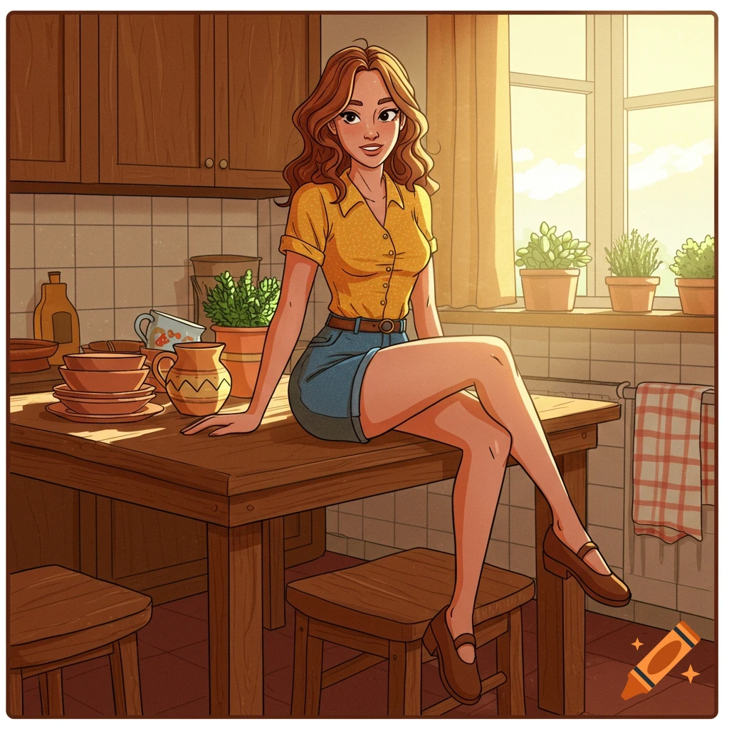Cartoon woman in a yellow shirt and denim skirt sits on a wooden kitchen table, sunlit kitchen setting.