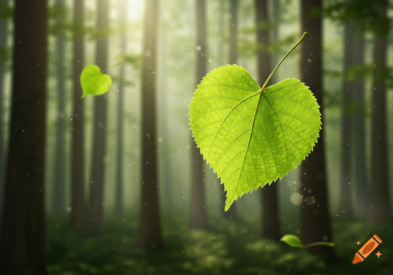 A vibrant green Tilia leaf floats in the foreground, with a soft-focus forest of trees and dappled sunlight behind it.