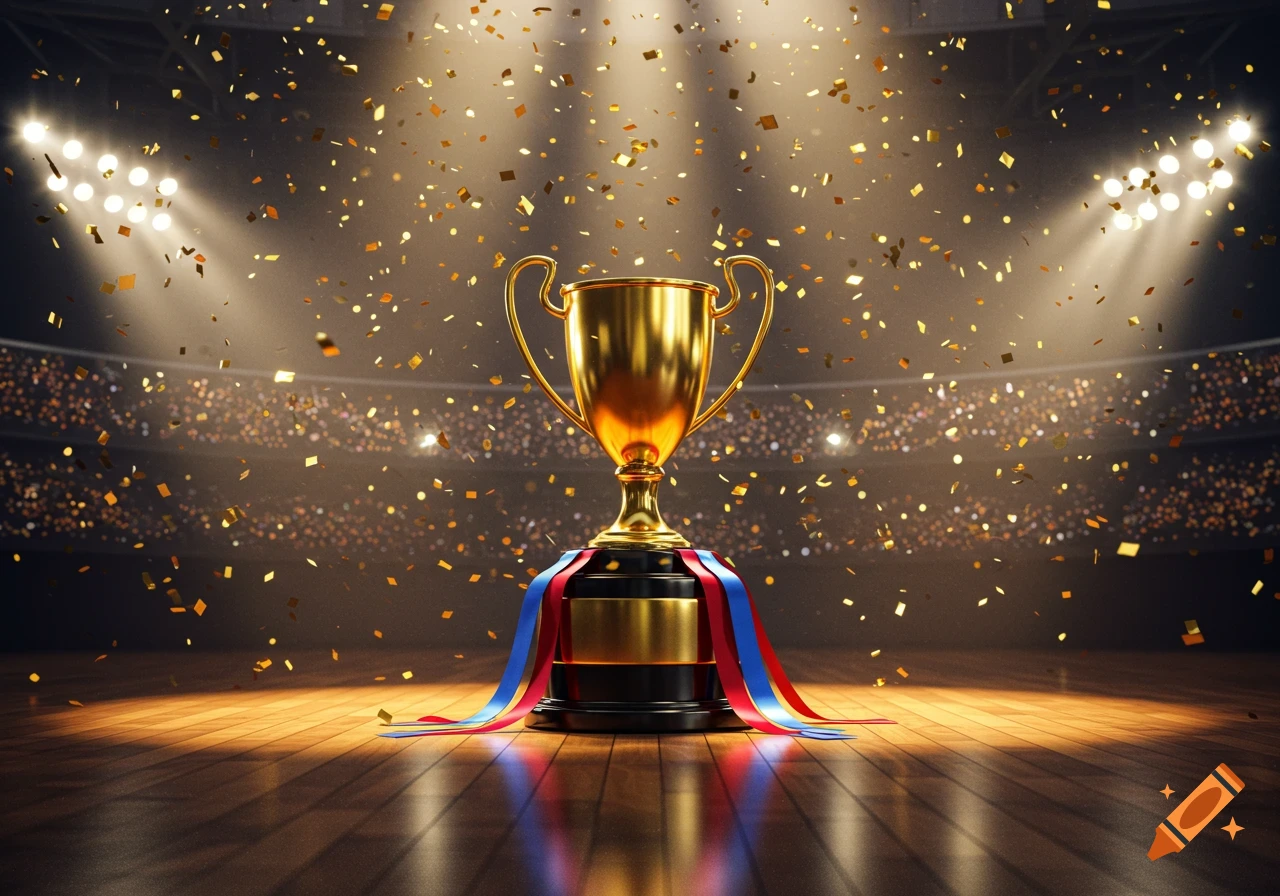 A golden trophy with red and blue ribbons sits on a wooden floor in a stadium filled with falling golden confetti and bright spotlights.