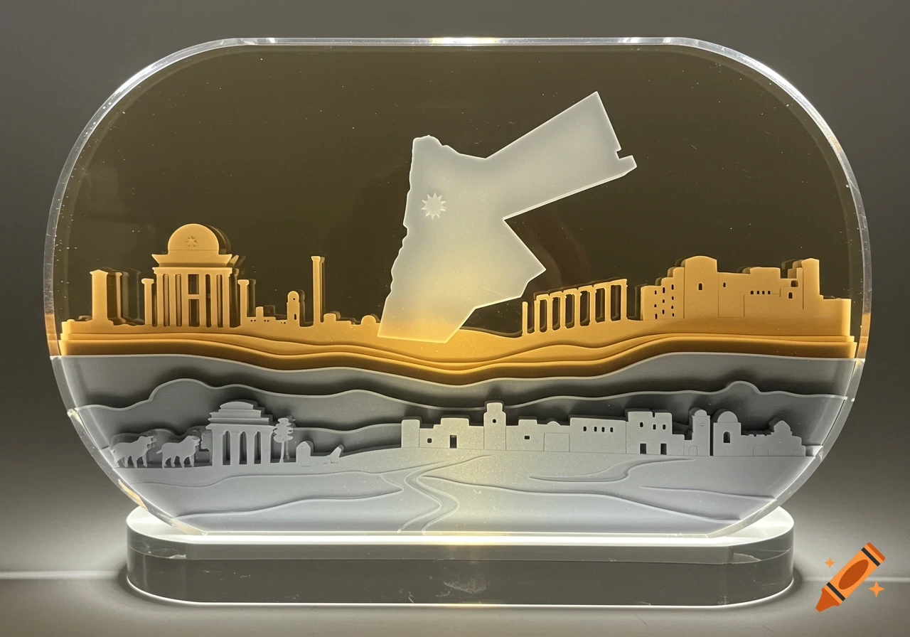 Layered acrylic sculpture depicting the map of Jordan above a gold and grey skyline of historical landmarks.