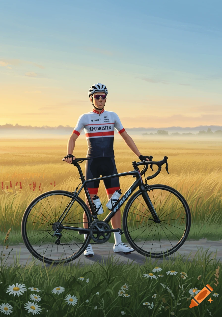 A stylized male cyclist in a white, red, and blue jersey stands next to his black road bike on a path in a golden field at sunrise.