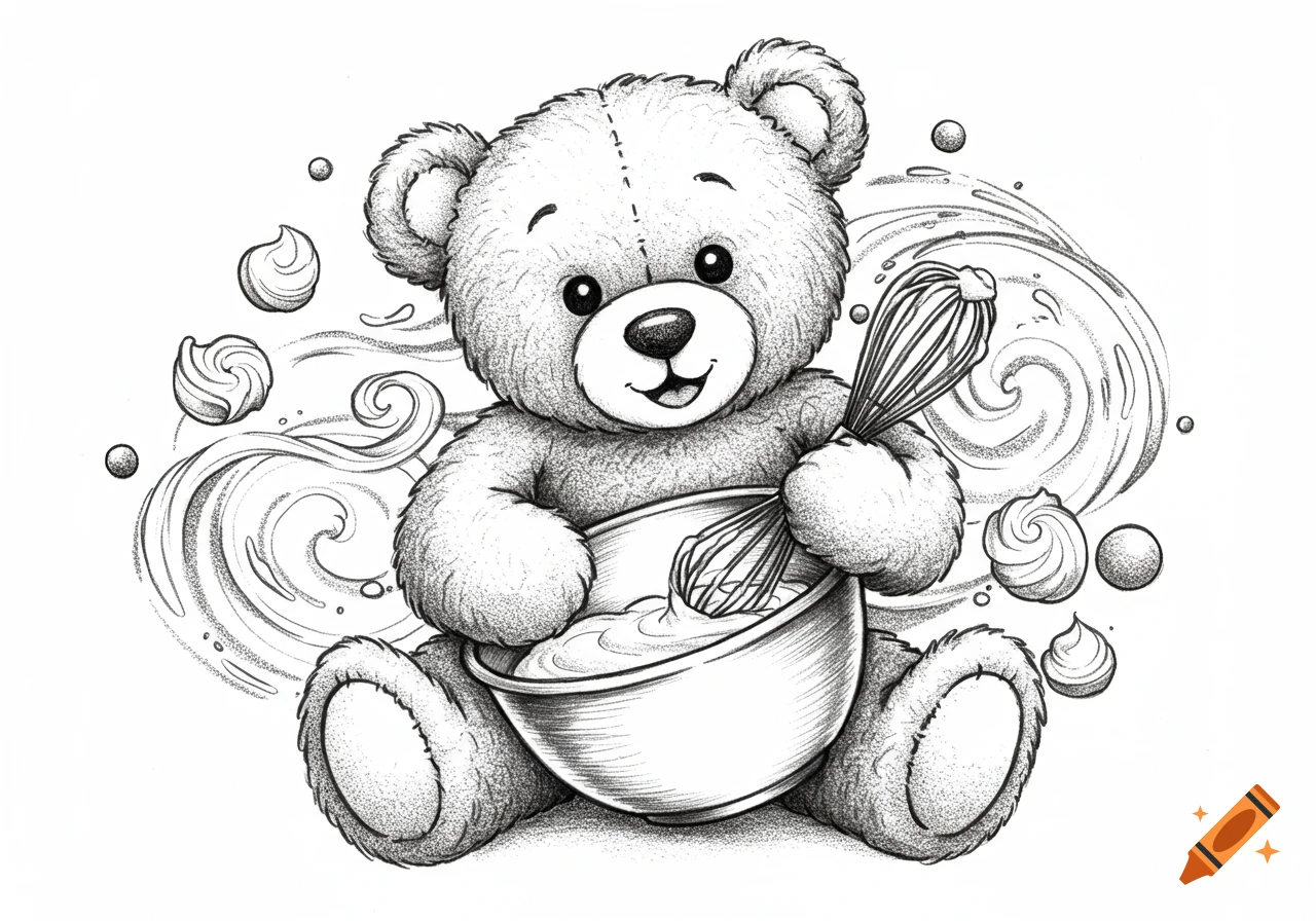A cute black and white stippled teddy bear sits holding a mixing bowl and whisk, surrounded by swirls and meringue drops.