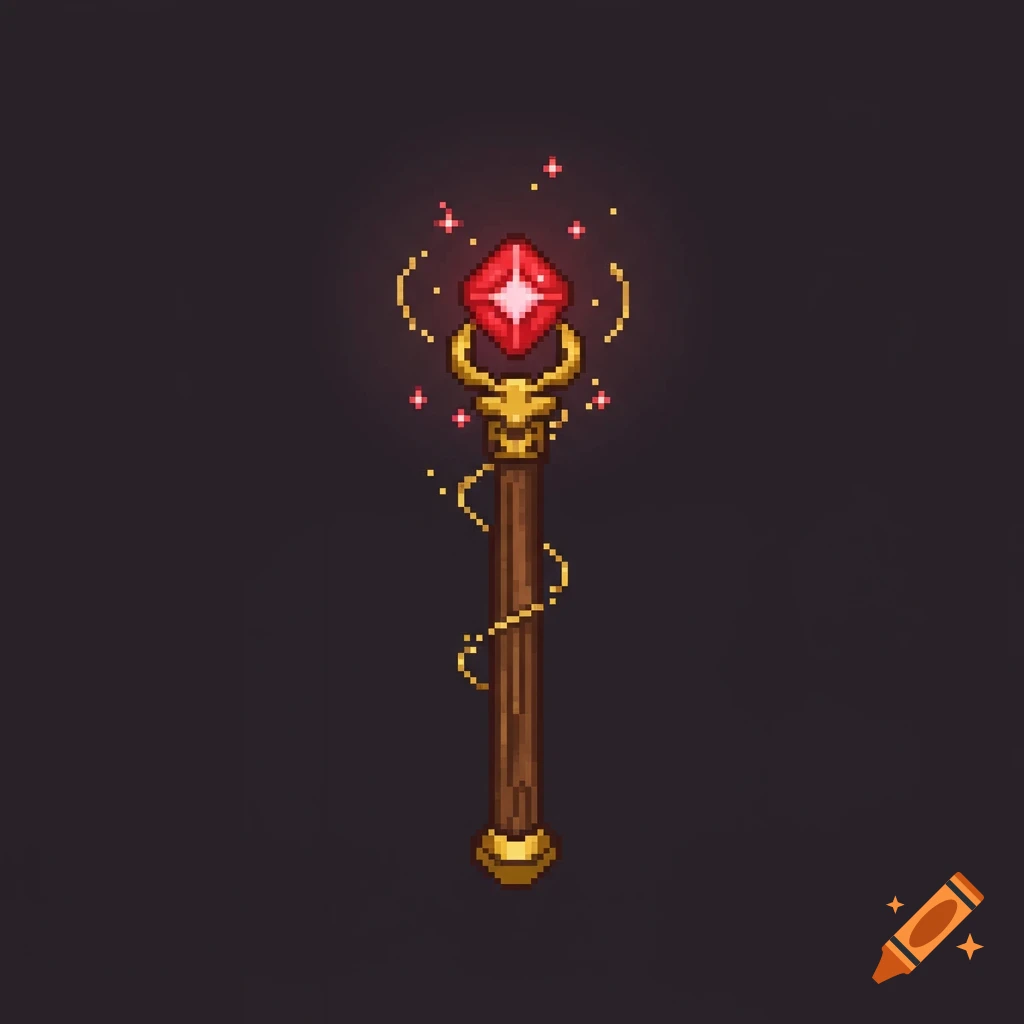Pixel art magic wand with a glowing red gem at the top, wrapped with a golden vine, on a dark background.