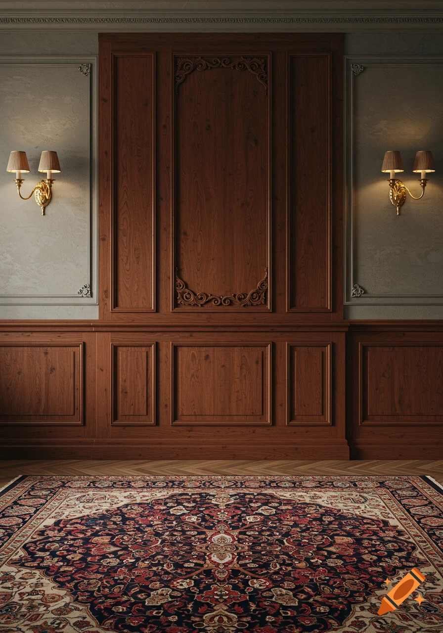 Elegant room interior with dark wooden wainscoting, gray walls, two classic sconces, and a rich, patterned oriental rug on a wooden floor.